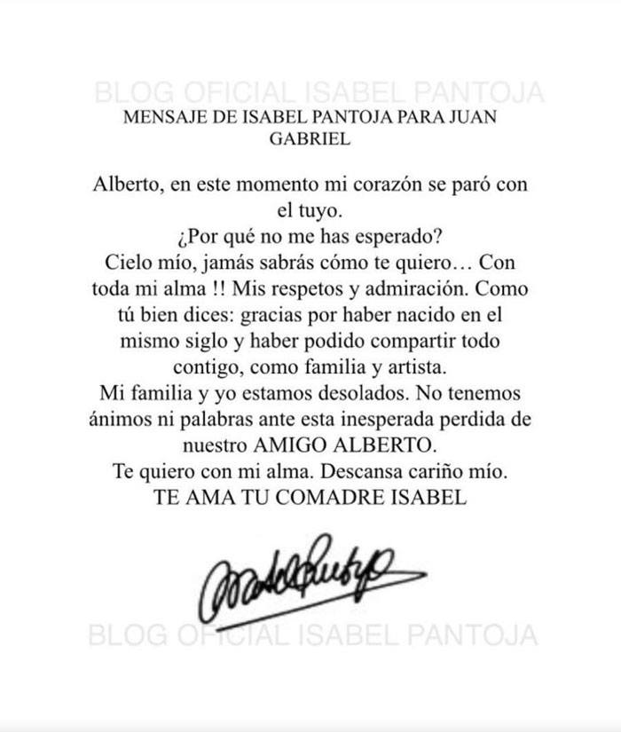 La conmovedora carta de despedida de Isabel Pantoja a su 